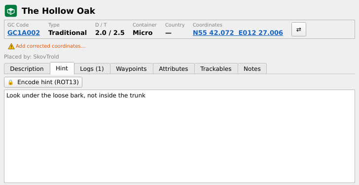Cache detail panel showing a decoded hint with the Encode hint (ROT13) button