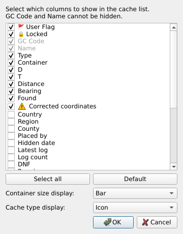 Column chooser dialog with a checklist of available columns and a container size display option