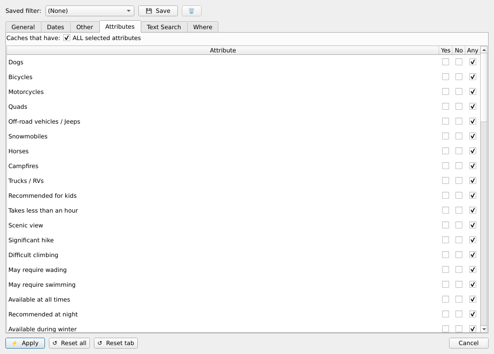 Filter dialog Attributes tab showing a list of Groundspeak attributes with Yes/No/Any checkboxes