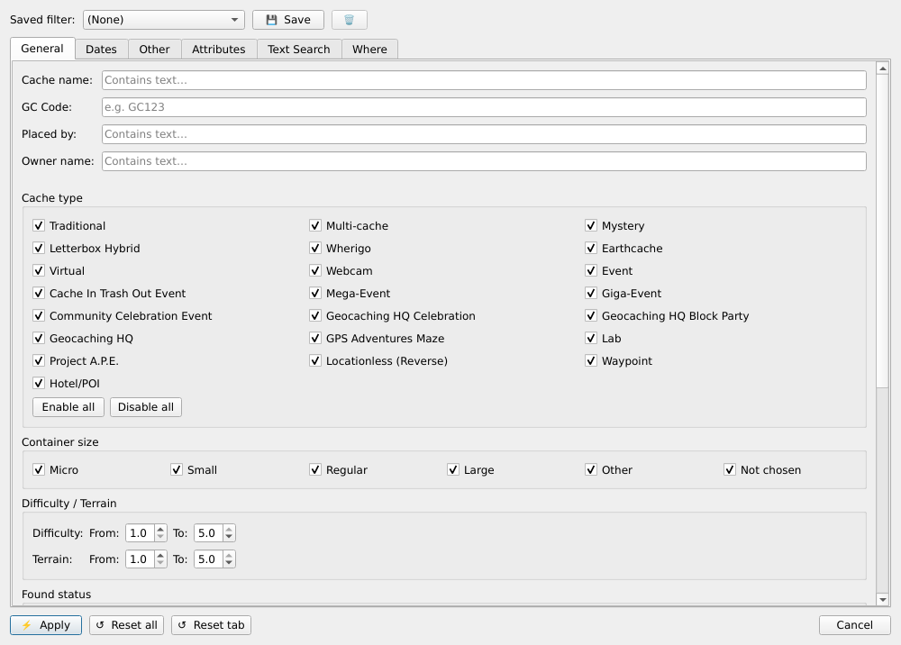 Filter dialog General tab showing cache type, container size, and difficulty/terrain filters