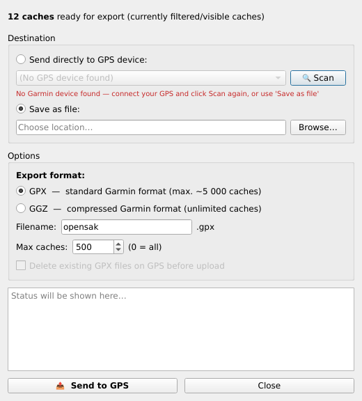Send to GPS dialog showing destination options and export settings