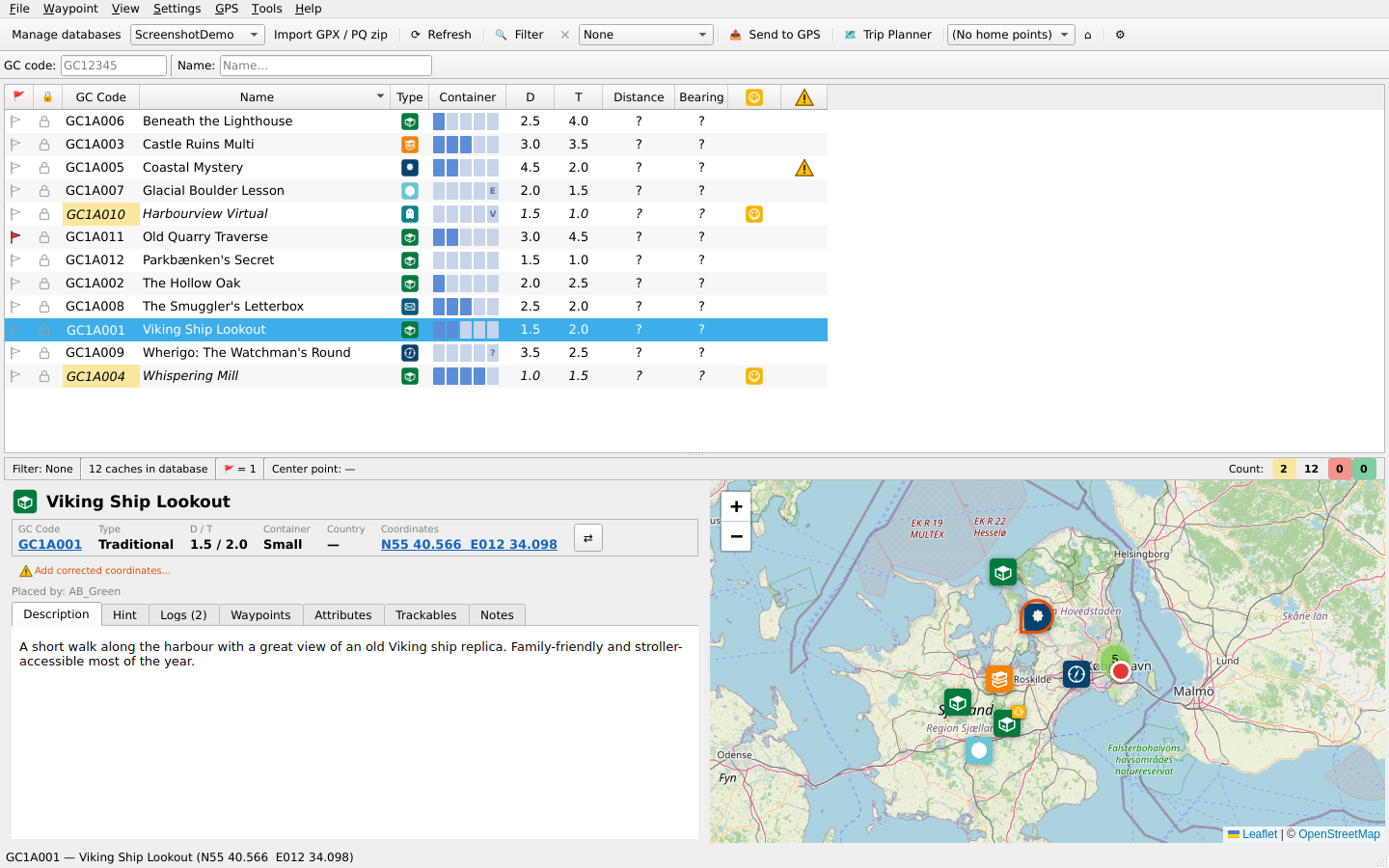 OpenSAK main window showing the cache list, cache detail panel, and OpenStreetMap view