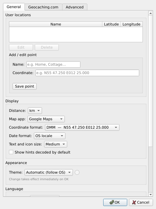 Settings dialog General tab showing display options including text and icon size